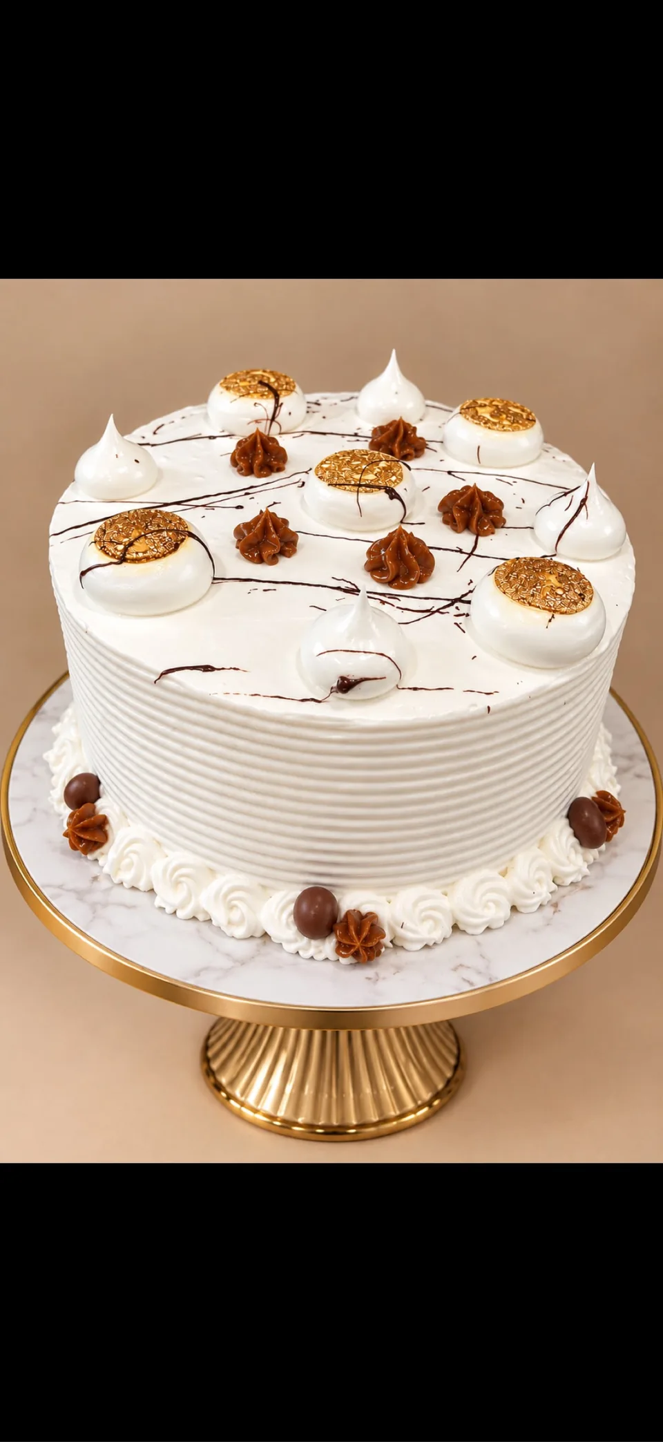 Pastel de tres leches con crema blanca, chocolate, dulce de leche y detalles dorados